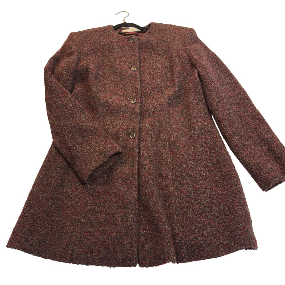 Jones‎ New York Car Coat Vintage Burgundy Brown Tweed Wool Blend Size 12